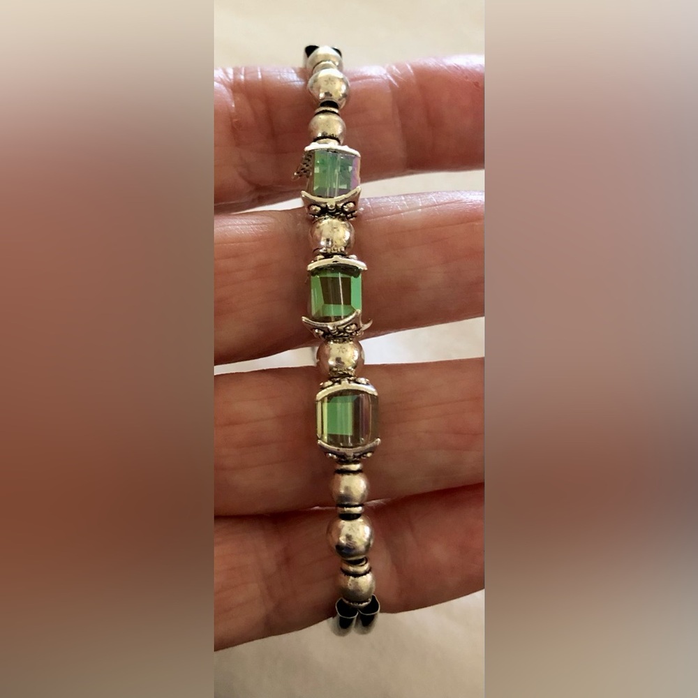 Handcrafted Silvertone And Square Crystal Bracelet